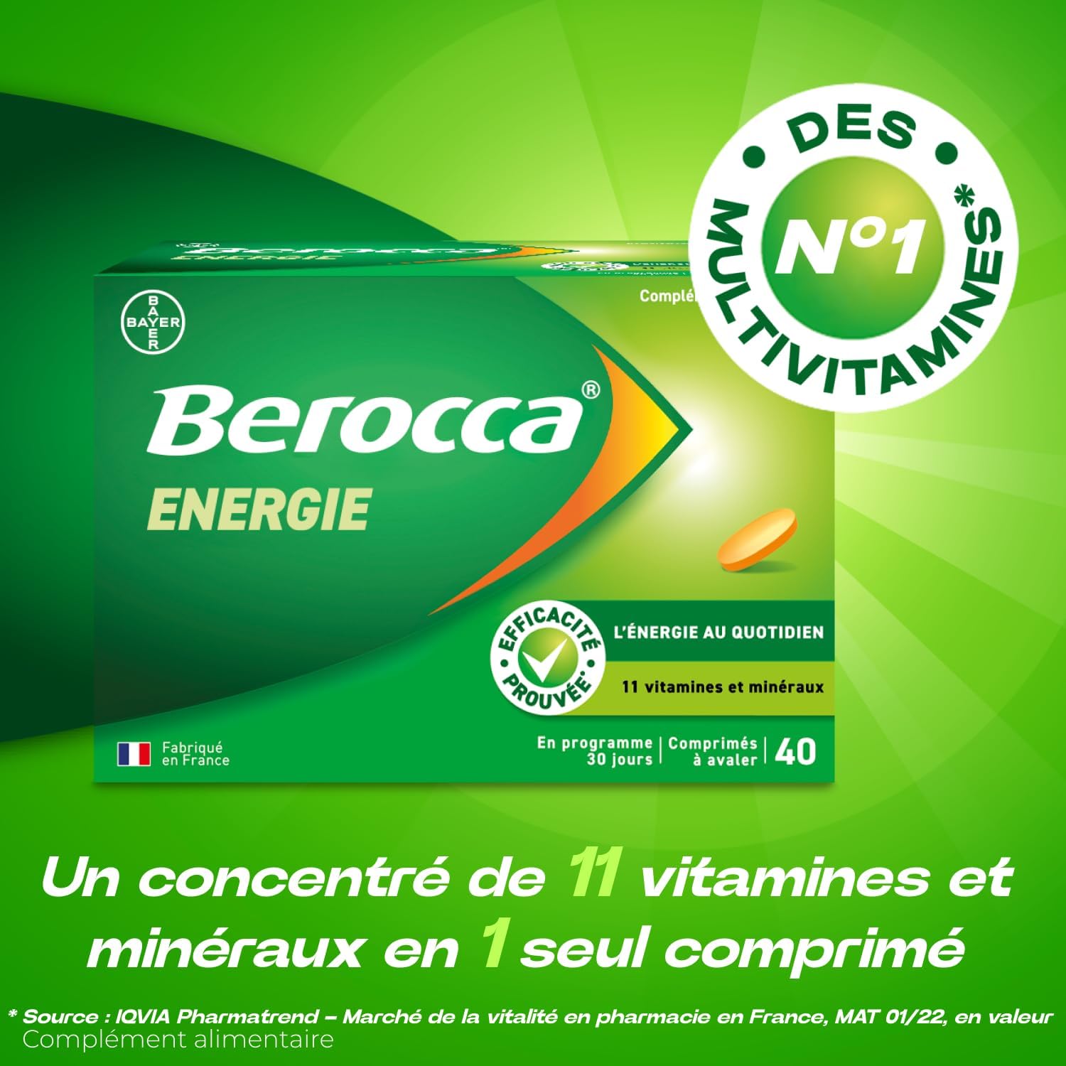 Berocca® Energie - Complément alimentaire - Multivitamines et Minéraux - Vitamine C, B3, B5, B1, B12, Calcium, Magnésium et Zinc - Aide à réduire la fatigue grâce à la vitamine C - 2x40 cps à avaler