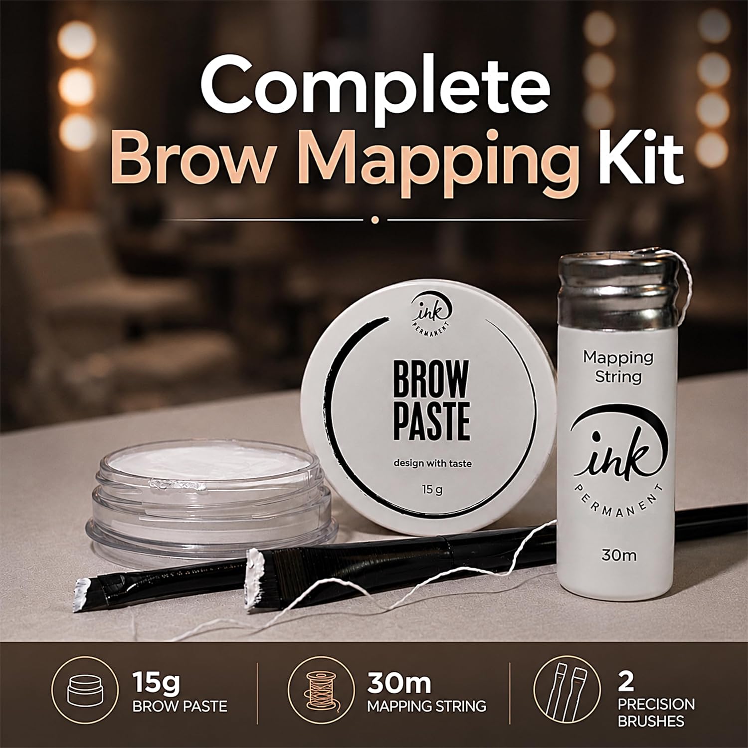 Kit de Traçage des Sourcils : Pâte Blanche [15 g], Fil [100 pieds], 2 Pinceaux, Idéal pour Microblading, PMU et Mise en Forme