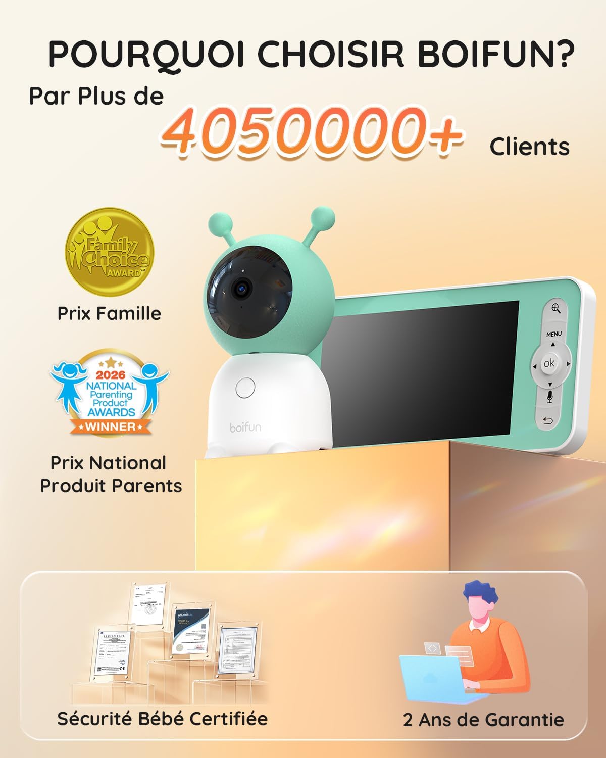 Babyphone Camera Bébé 2K, Baby Phone avec Caméra WiFi et Moniteur 5", Vision Nocturne Invisible, Veilleuse Bébé Colorée Réglable, Alerte Mouvements/Pleurs, Température, Zoom 4X, Rappel Biberon Vert Baby 6T（Moniteur et Une Caméra）