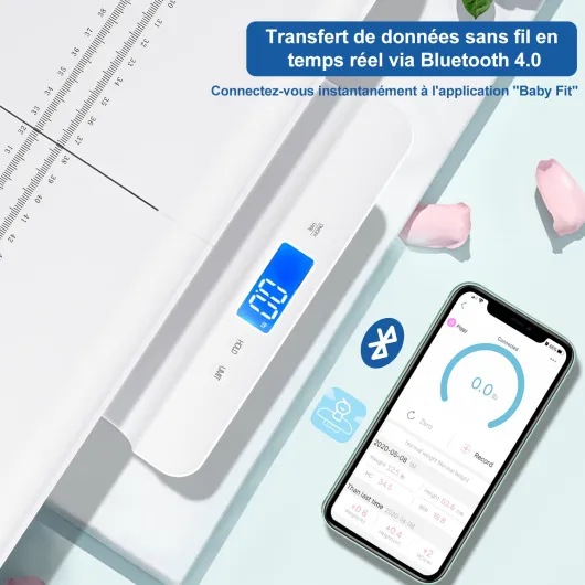 Pèse-bébé Bluetooth, Balance bebe multifonctionnel avec plateau amovible, Pèse-bébé avec fonctions de tare et de maintien, application gratuite et piles (Max: 100 kg) 28 inch