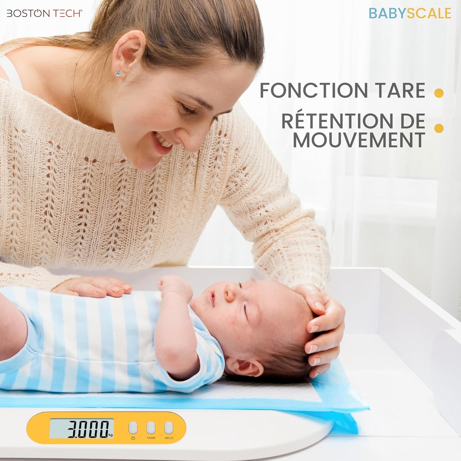 Balance pour bébé Boston Tech BA104 – Pèse-bébé électronique numérique avec fonction TARE et maintien du poids, écran LCD rétroéclairé, mesure précise 10 g, capacité 20 kg, idéal nouveau-né et enfant