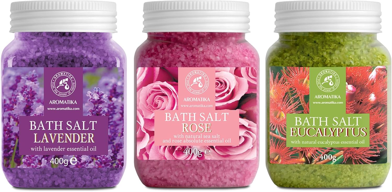Sels de Bain Set 3x400g de Lavande - Rosa - Eucalyptus - Naturelle - Idéal pour Bien Dormir - Soulagement du Stress - Bain - Soins du Corps - Bien-être - Beauté - Détente - Spa