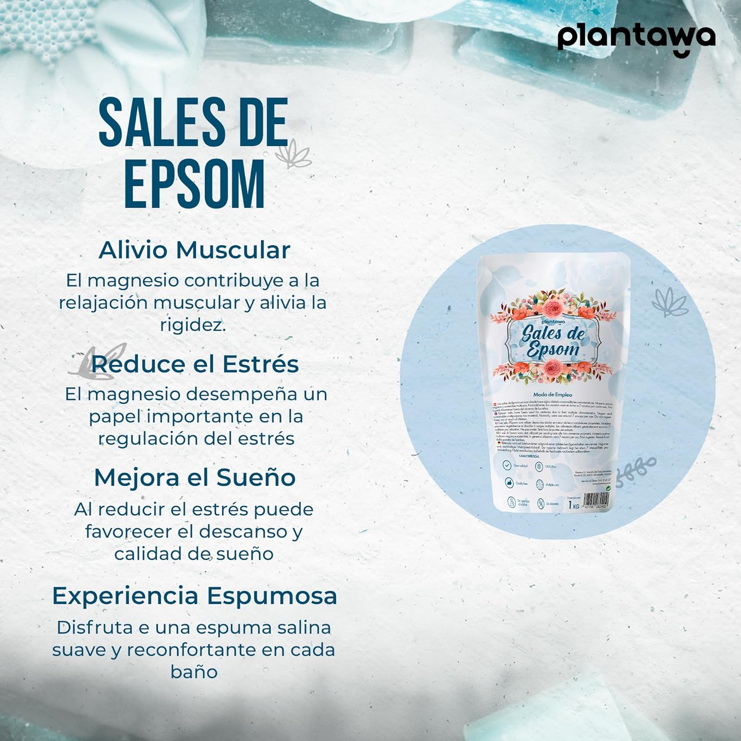 Sel d'epsom 1KG - Sulfate de Magnésium Pur, Aromathérapie Apaisant, Bain Relaxant et Moussant, Sans Toxines ni Additifs, Bien-être et Sommeil Réparateur - Sans additifs, 100% naturel