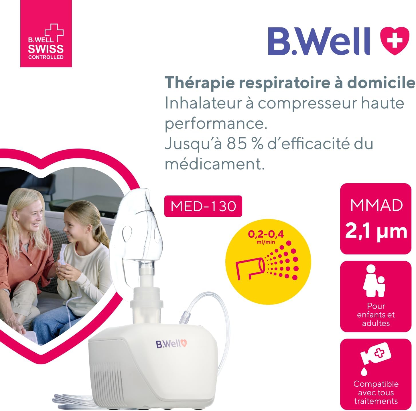 B.Well MED-130 Nébuliseur compresseur - Inhalateur enfants adultes - Qualité suisse • Technologie compresseur pour inhalation efficace • Débit réglable • Soin des voies respiratoires à domicile